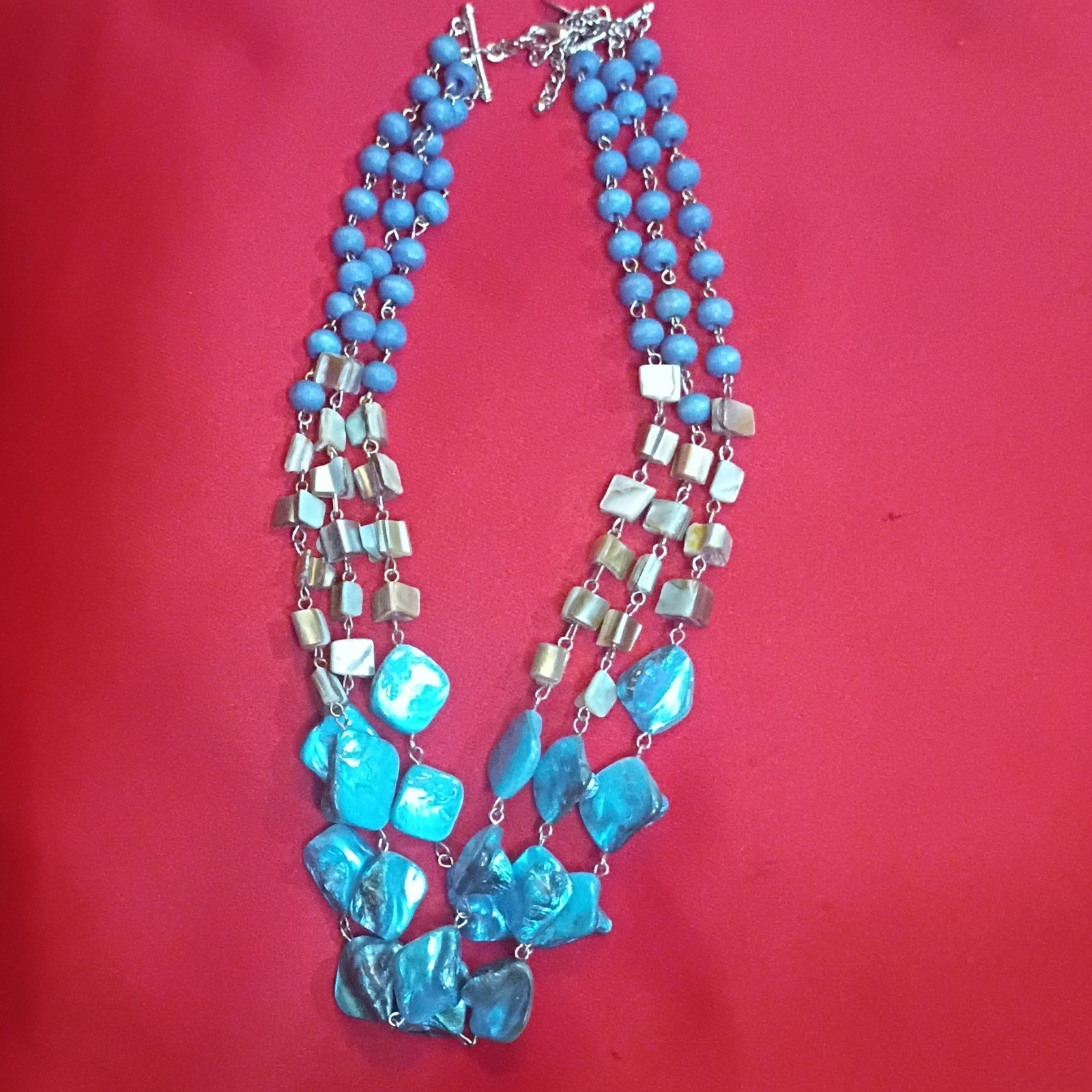 NY Blue Shell Beaded Layered Statement Necklace Adjustable Lobster Clasp