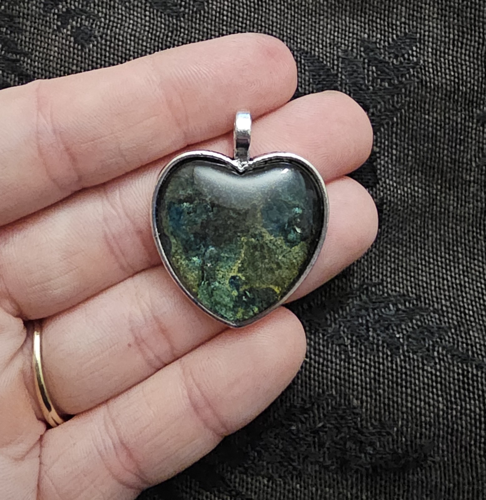 Ocean Galaxy Heart Resin Pendant Teal Gold Green Shimmer Handmade Fairycore