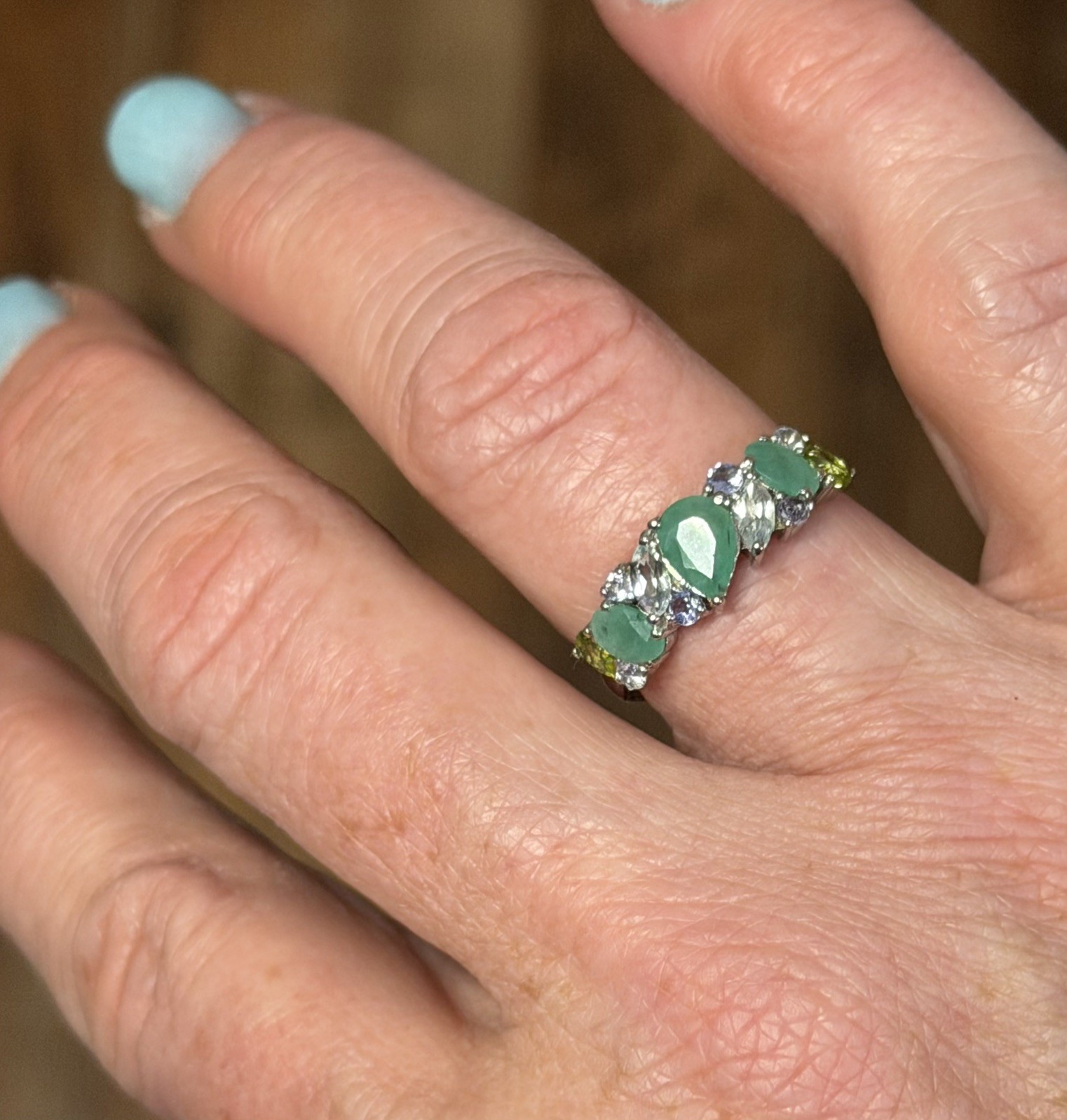 Unique! Natural Emerald, Tanzanite, Aquamarine & Peridot 14K Gold Ring Size 8