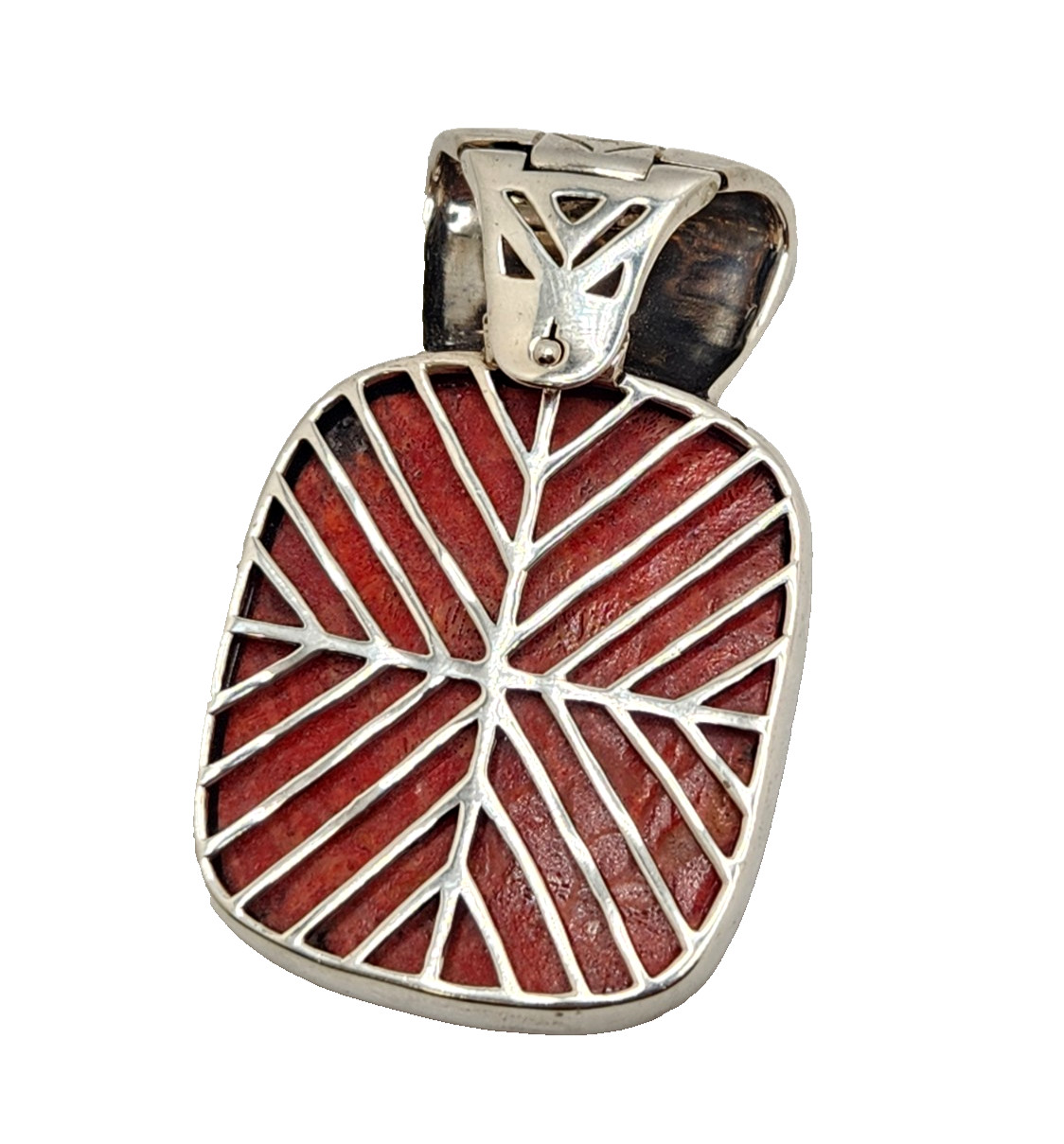 Sterling Silver BBJ Reconstituted Red Coral Large Rectangular Cabochon Pendant
