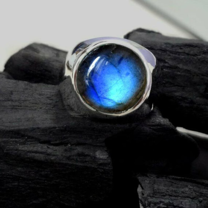 Solid 925 Sterling Silver Natural Blue Fire Labradorite Round Men’s Unisex Ring