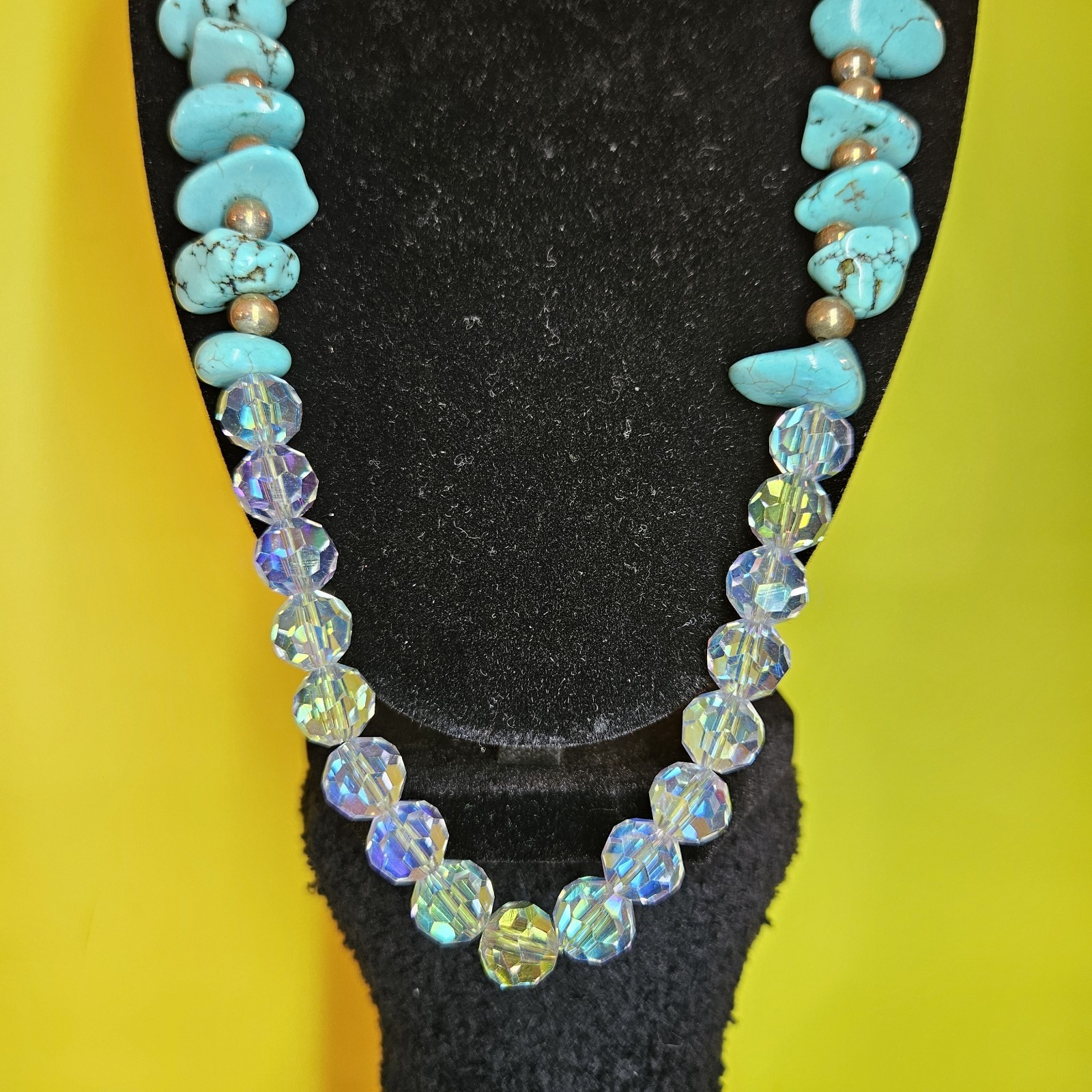 vintage beaded necklace with turquoise nuggets and glass clear iridescent beads