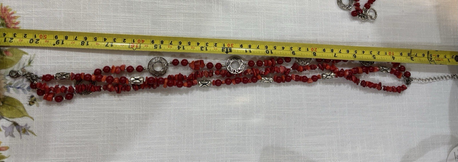 Red Chip Stone Beaded Necklace & Bracelet Set, Adjustable, Silver Tone