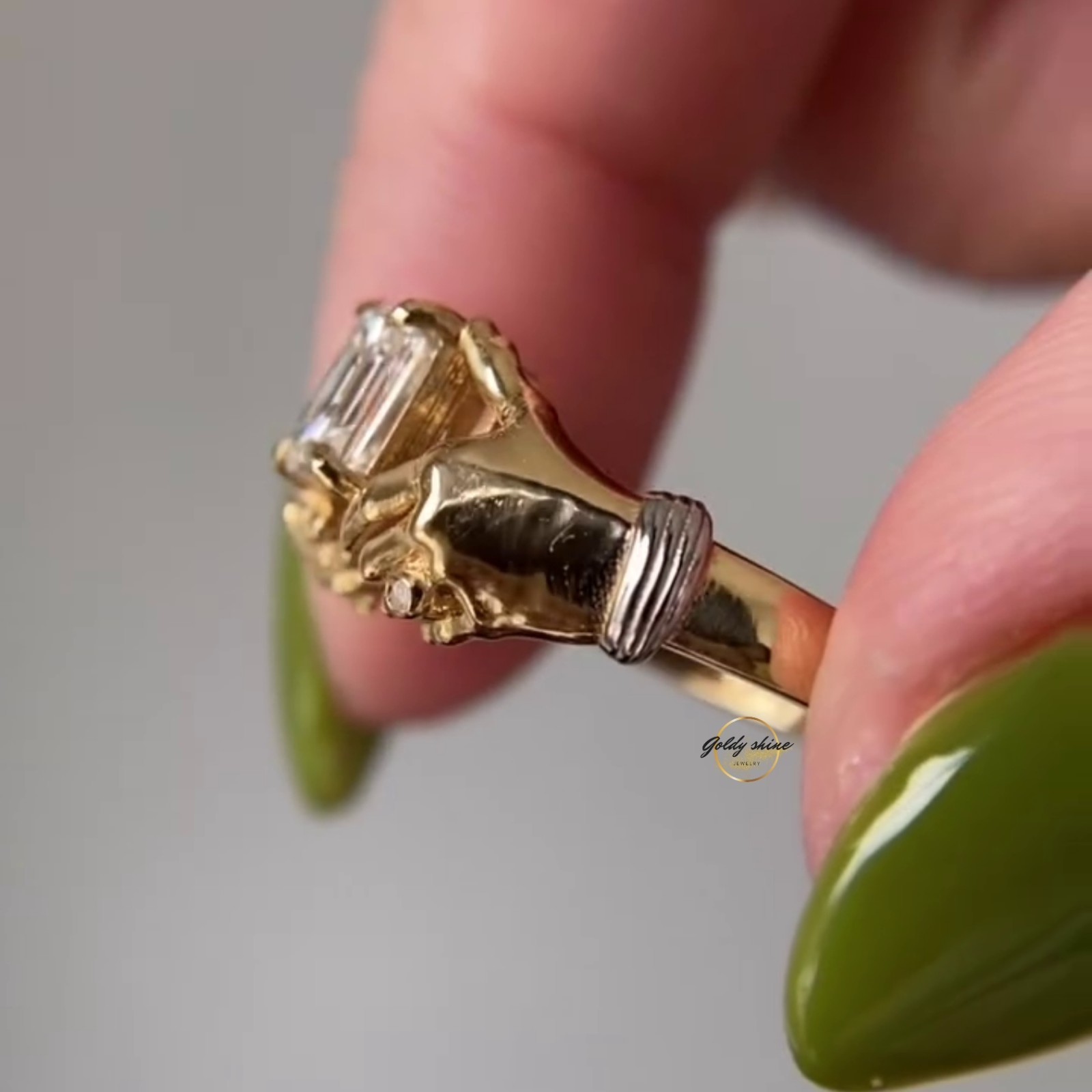 1 Ct Asscher Cut Moissanite Grasping Hands Artistic Ring 14K Yellow gold plated