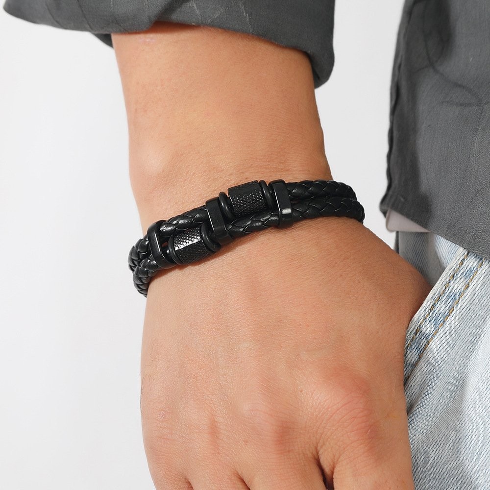 Men’s Stainless Steel Genuine Leather Bracelet Strength Fashion Bangle Wrap USA
