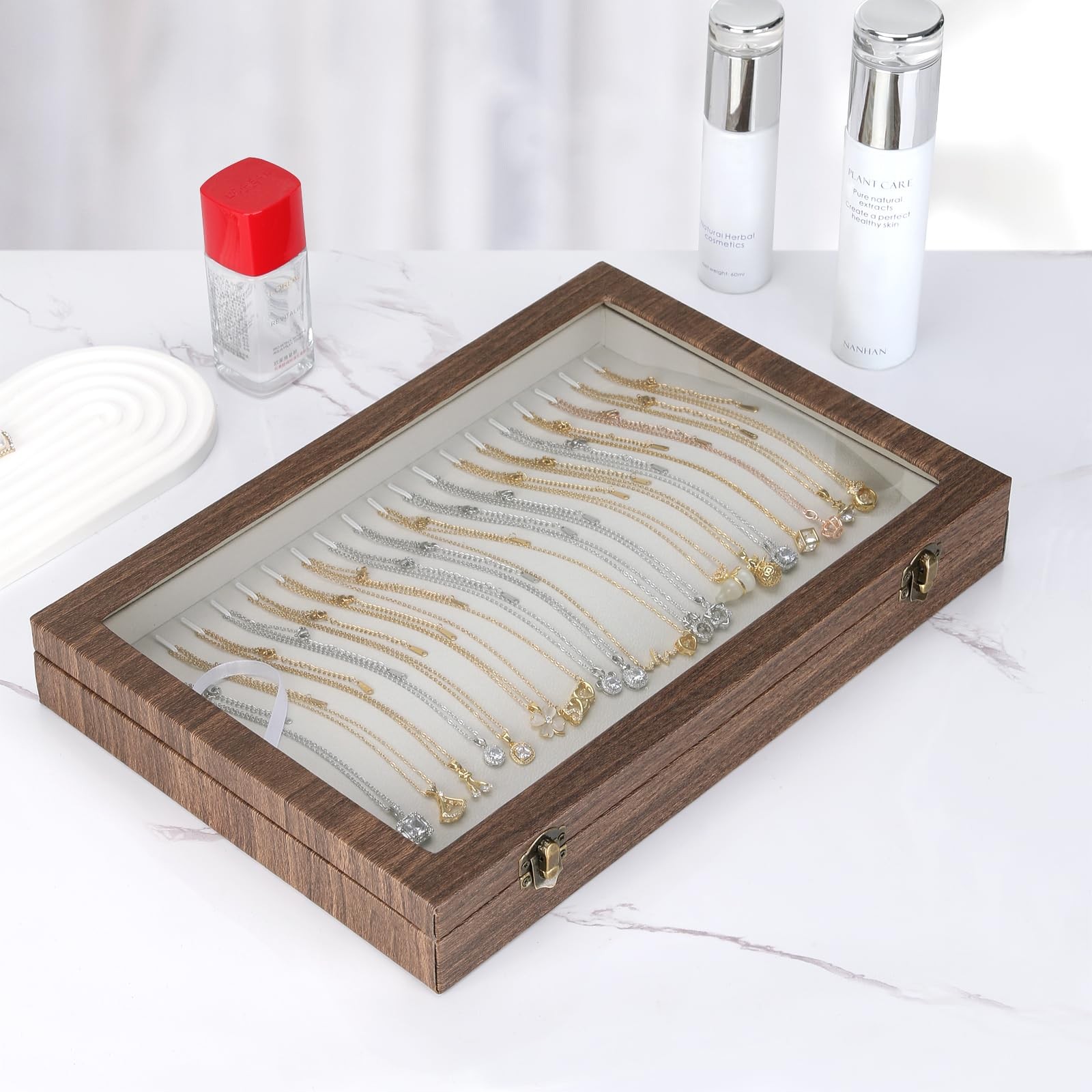 KUKUVR 20 Hooks Velvet Necklace Organizer Box (Wood Style) Wood Style