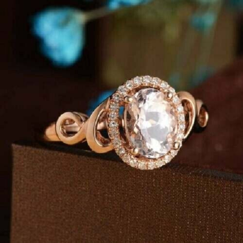 2Ct Oval Cut Morganite Diamond Classy Halo Engagement Ring 14K Rose Gold Finish