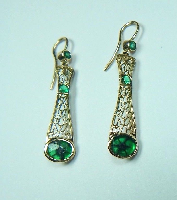 Colombian Trapiche Emerald 2.40 Cts Filigree Earrings 18K Gold Fine Jewelry Muzo