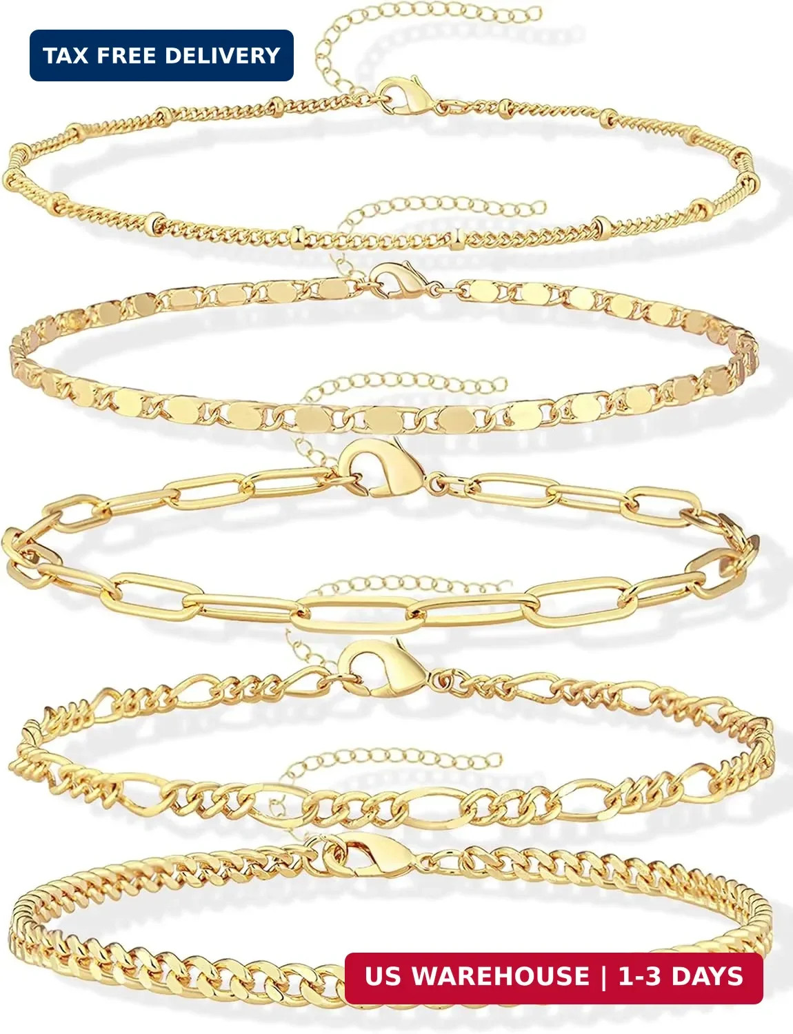 Ankle Bracelets for Women Waterproof, 14k Gold Plated Jewelry Set Layered Cuban