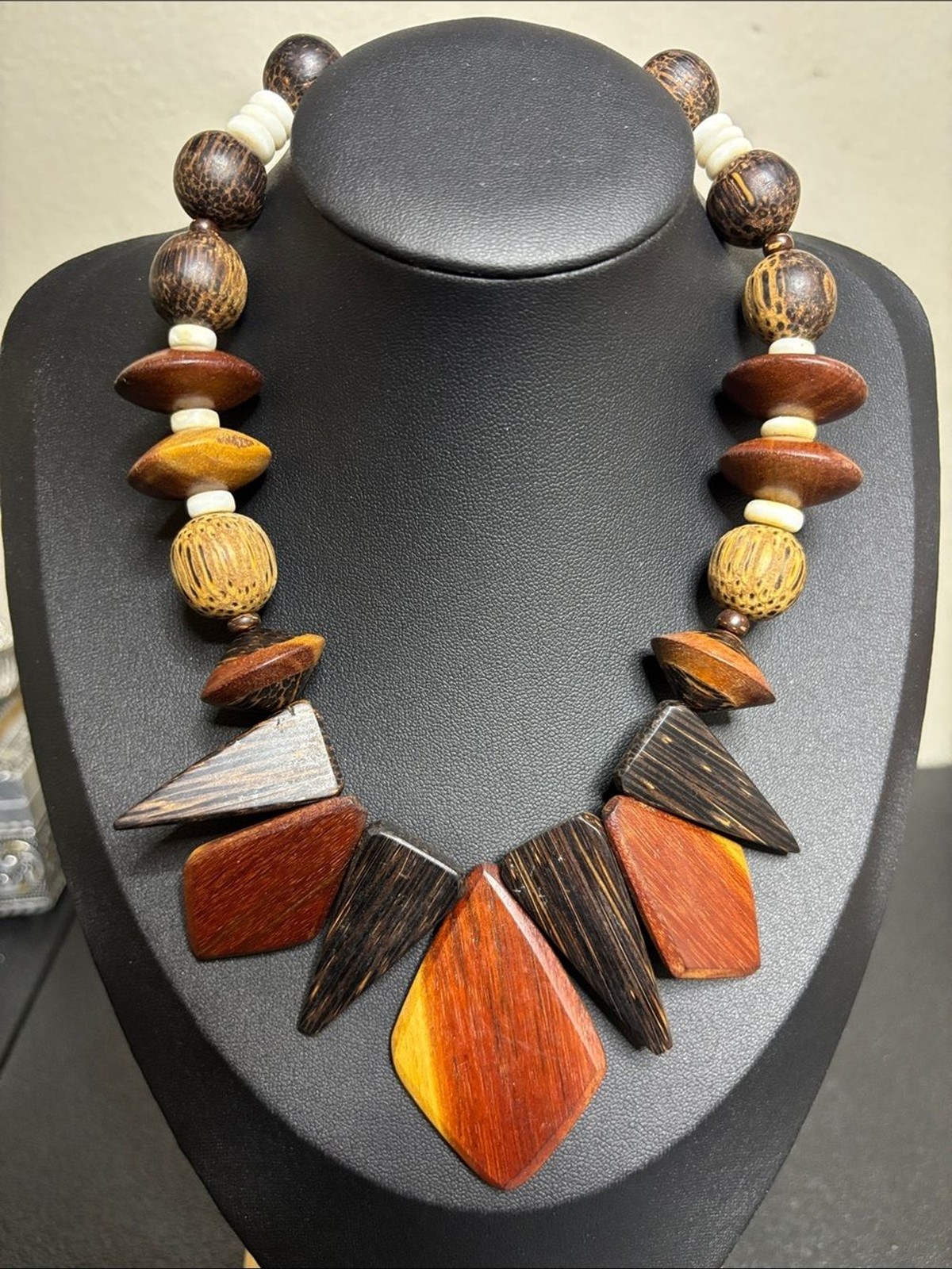 Boho Handcrafted Wooden Statement Necklace Brown, Tan & Cream Jewelry