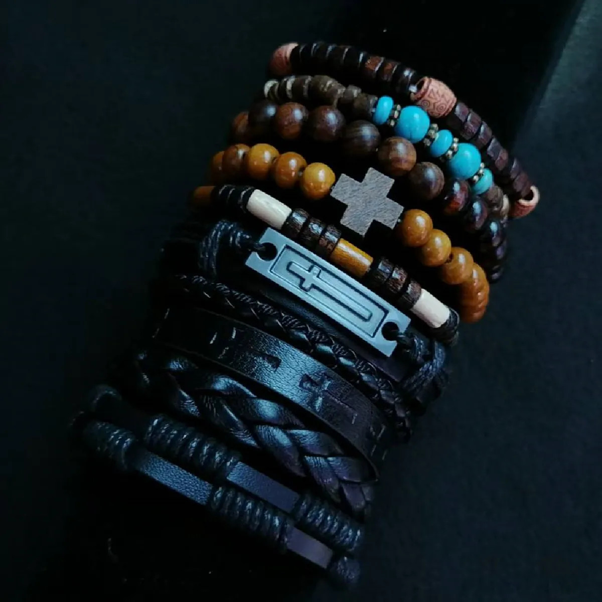Khaki Tree 10 Pcs/Set Black Wrap Woven Fashion Handmade Men Bracelets Male Women