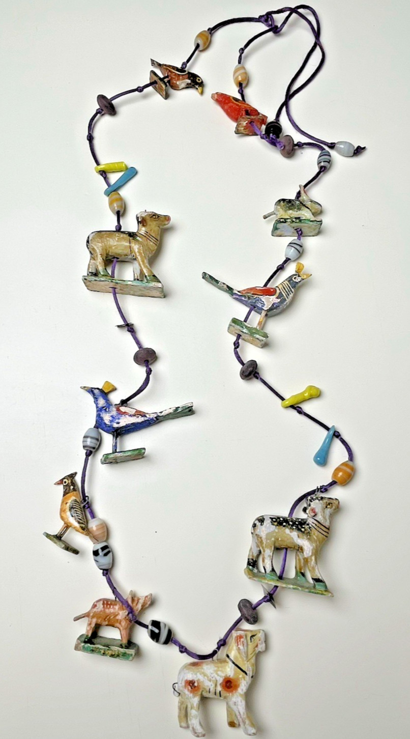 Vtg Handcrafted Necklace Clay Hand Painted Animals Ceramic Beads Folk Art Birds