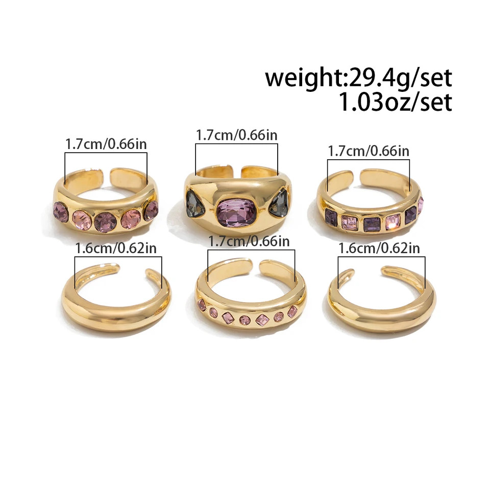 Purple Ring Set Simulated Zirconia Adjustable Open Band Womens Jewelry 6PCS