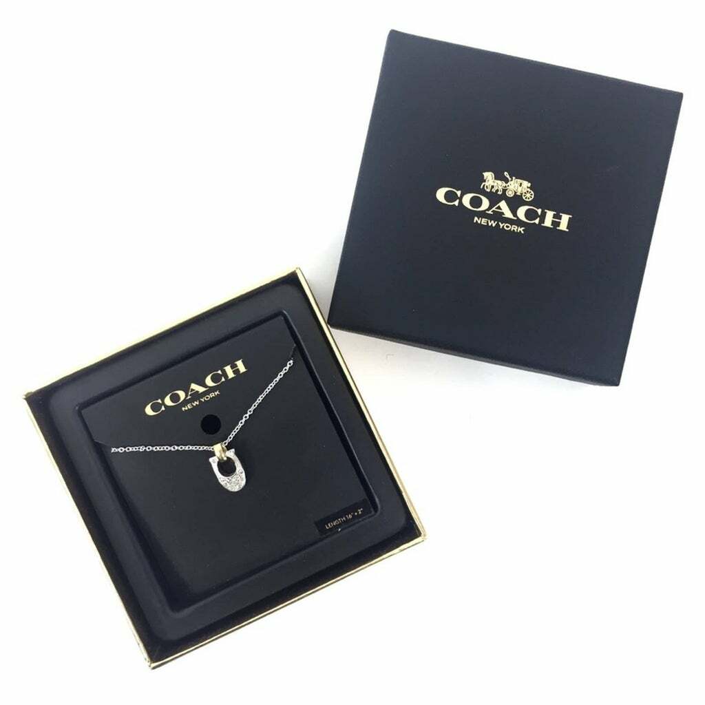 COACH Signature C Logo Adjustable Silver Necklace 18″ Crystals Pave + Gift Box