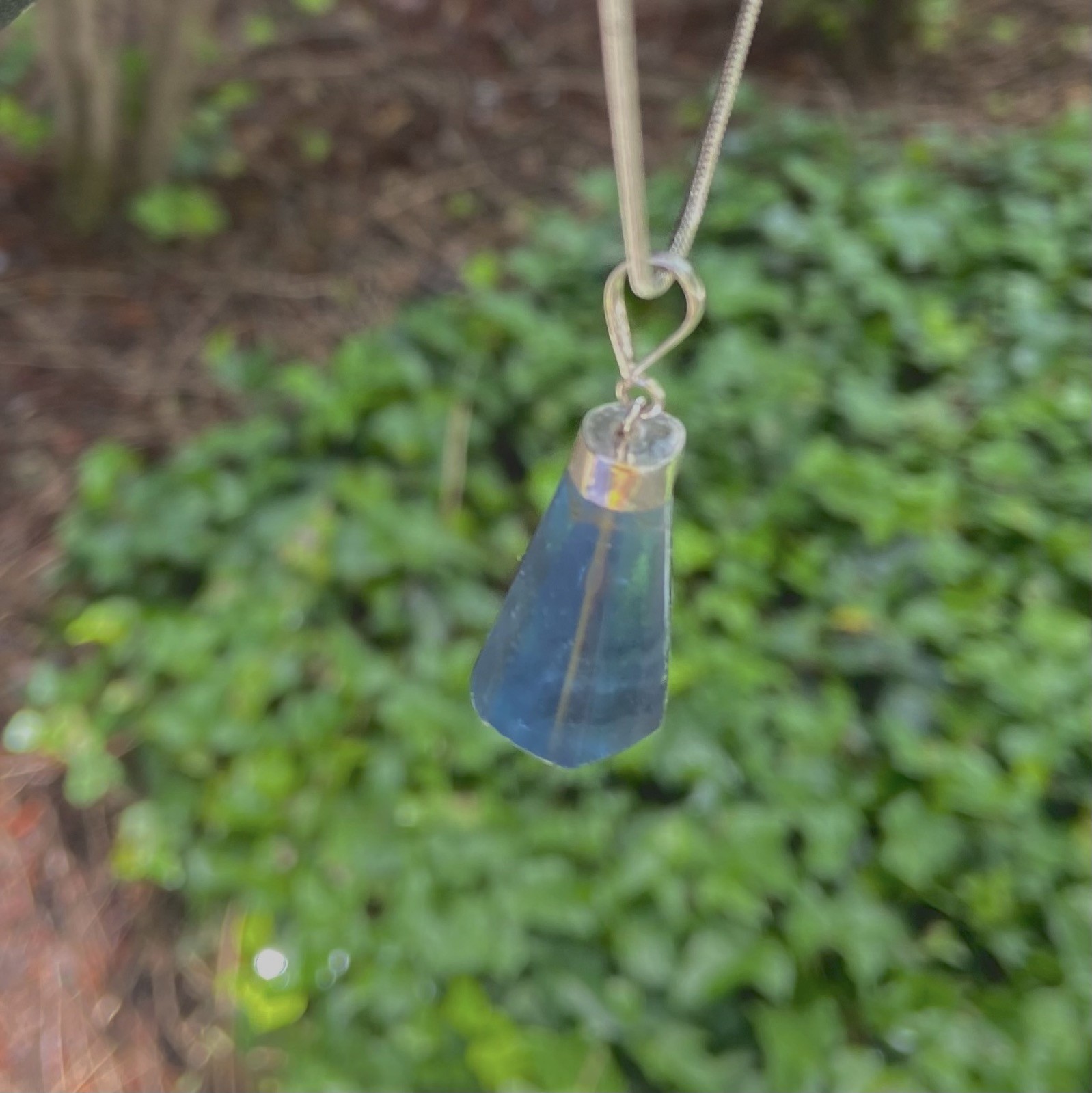 BLUE FLUORITE STYLISH AMULET NECKLACE SET IN SILVER 37 CARATS OR 7.4 GRAMS