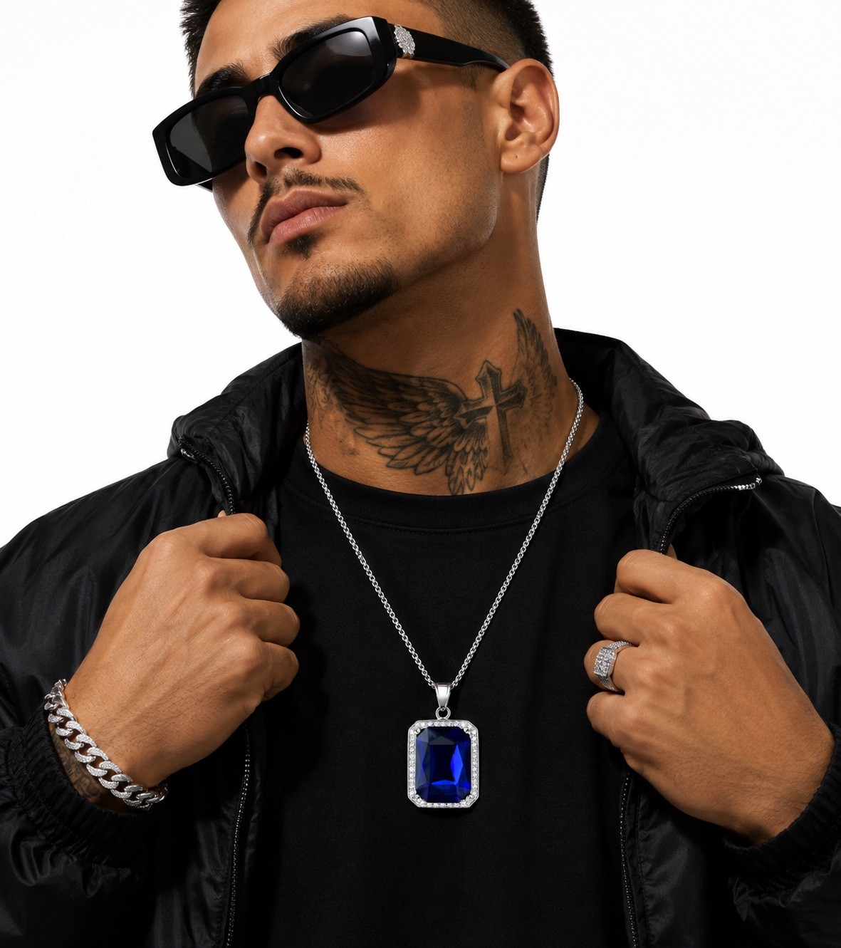 MENDEL Mens Hip Hop Blue CZ Stone Necklace Pendant Chain For Men Stainless Steel