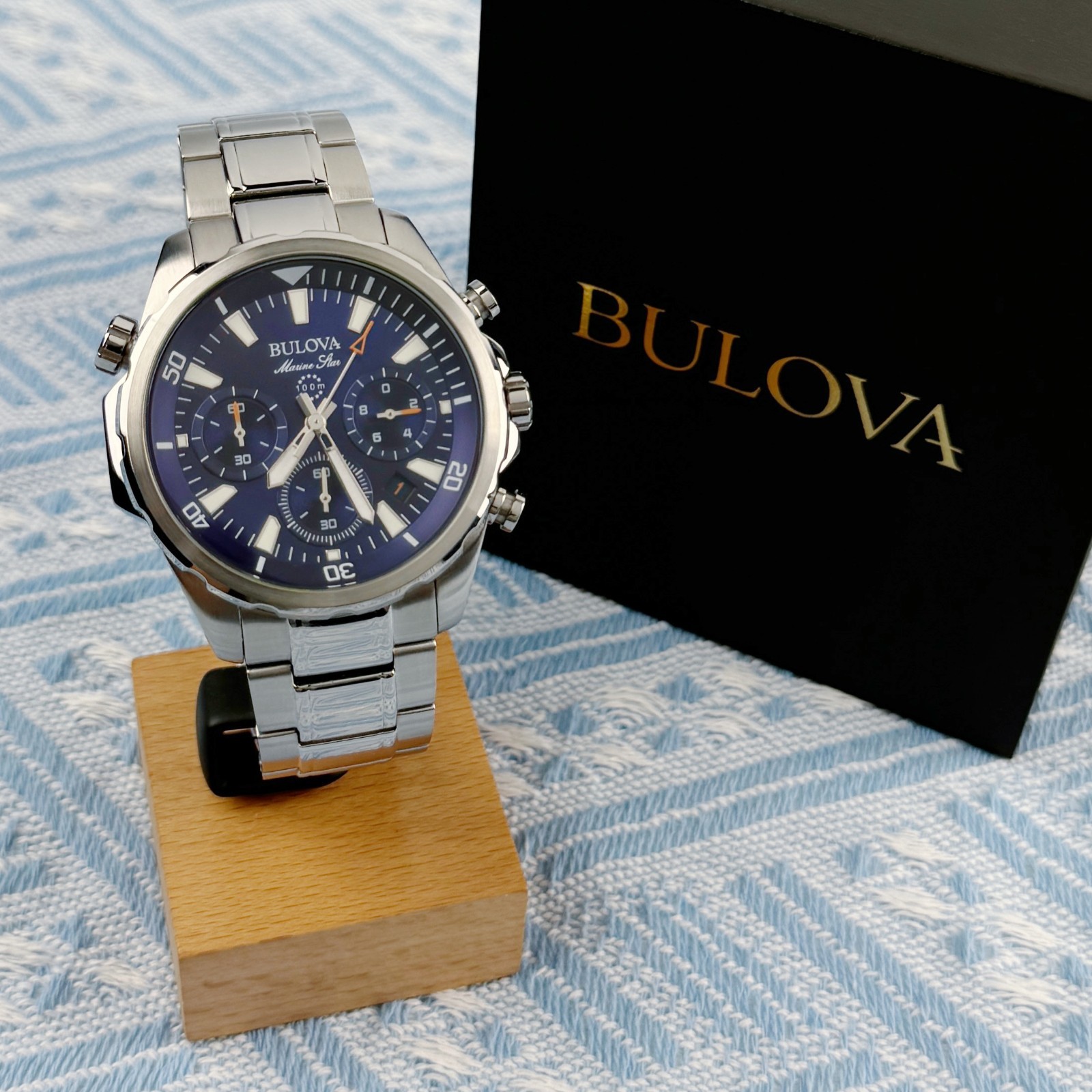 New Bulova Marine Star Chronograph Men’s Watch Blue Dial 43mm/96B256
