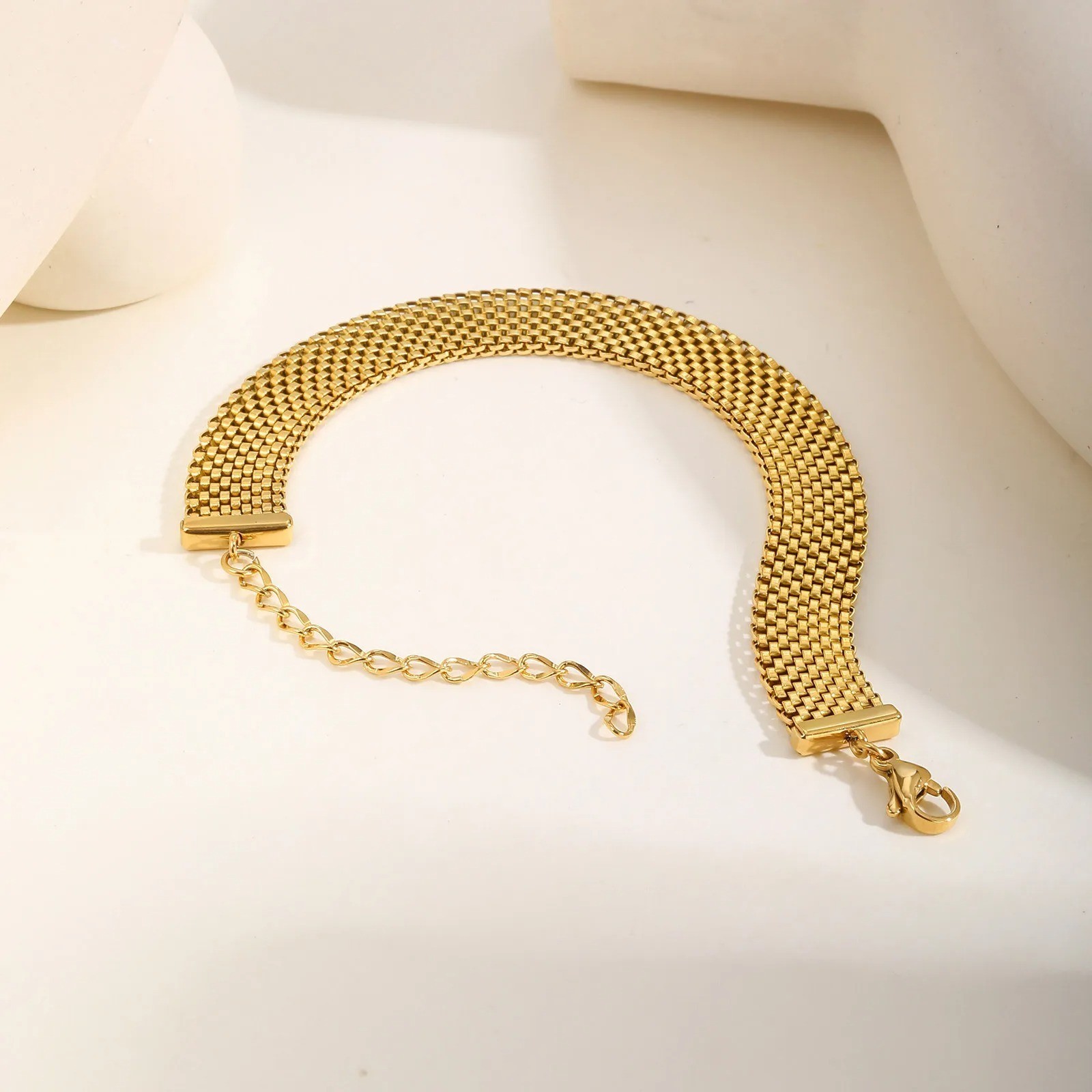 Women’s Gold Tone Wide Mesh Chain Bracelet Stainless Steel Adjustable Lobster