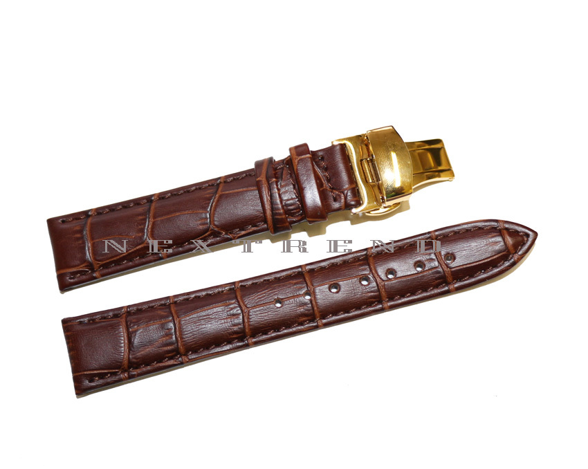 Brown Genuine Leather Watch Band+Push Button Butterfly Deployant Clasp Buckle