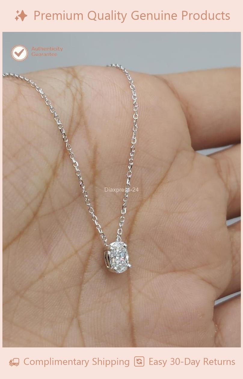 14K White Gold 1.00CT Oval Natural Diamond Pendant Necklace Gift For Her