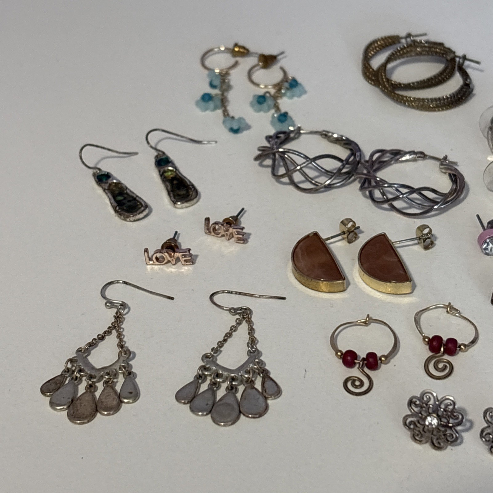 Lot of 14 pairs Pierced Earrings Silver & Gold Tone Hoops Stone Dangles Variety