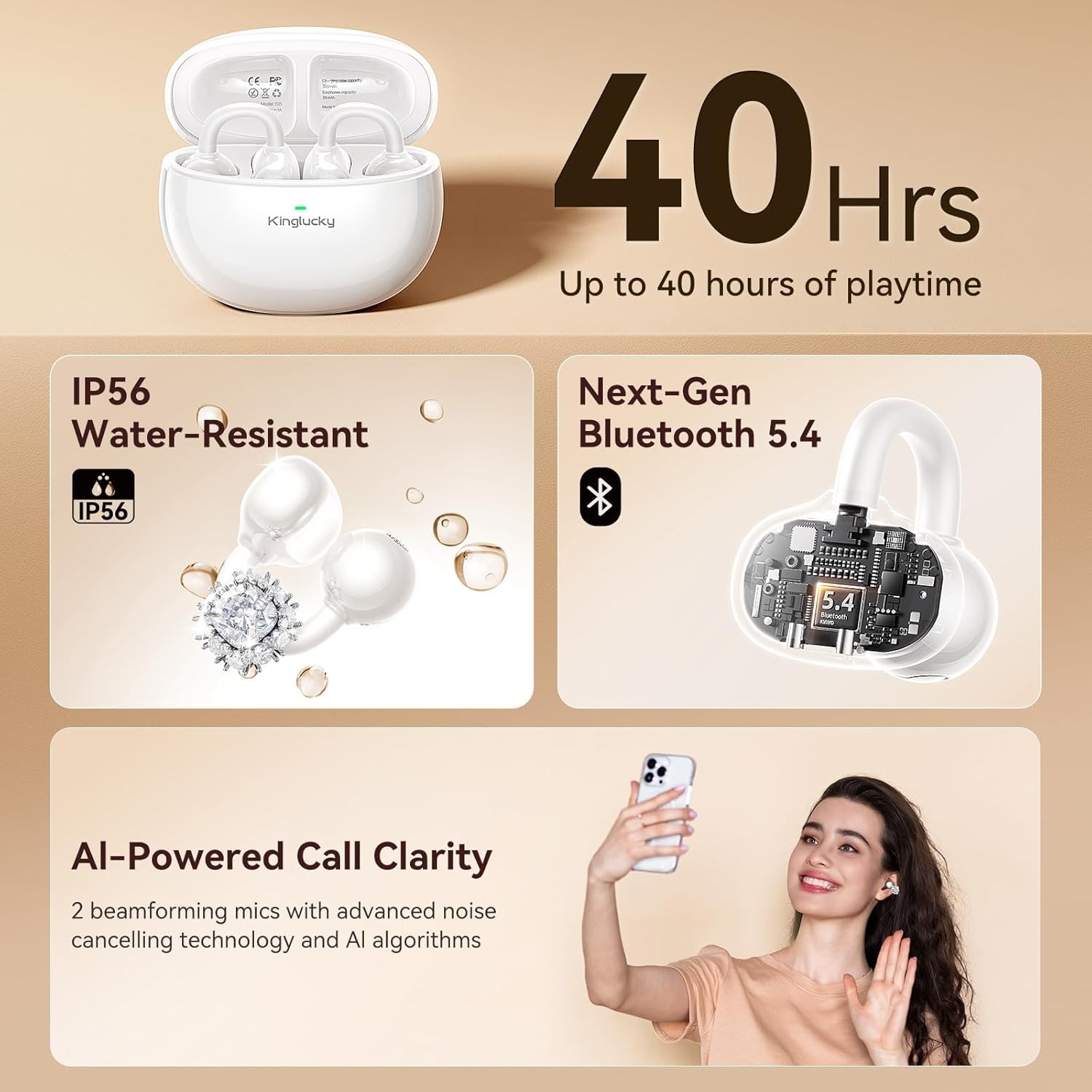 Jewelry-Inspired Clip-On Earbuds with Diamond Earrings, Comfortable Fit & 40H Pl