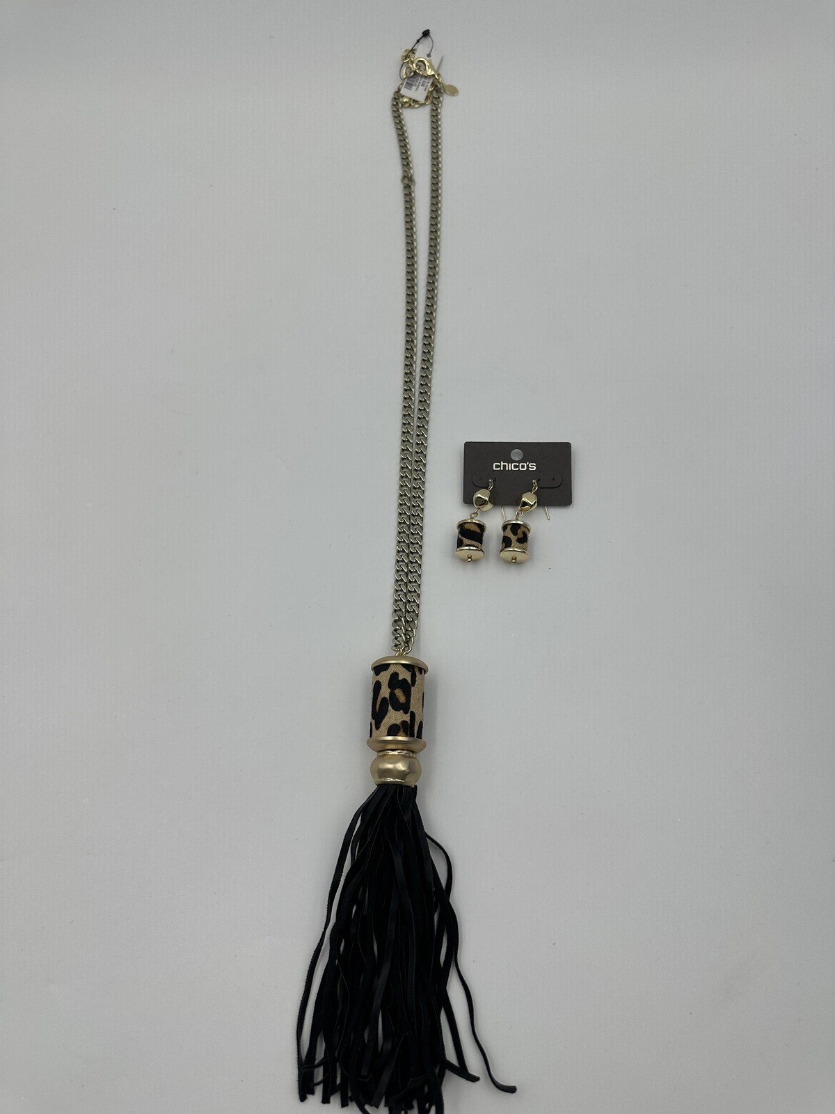 Chico’s Carson Tass Necklace Earrings Set Leopard Tassel Women’s Gold Tone Black