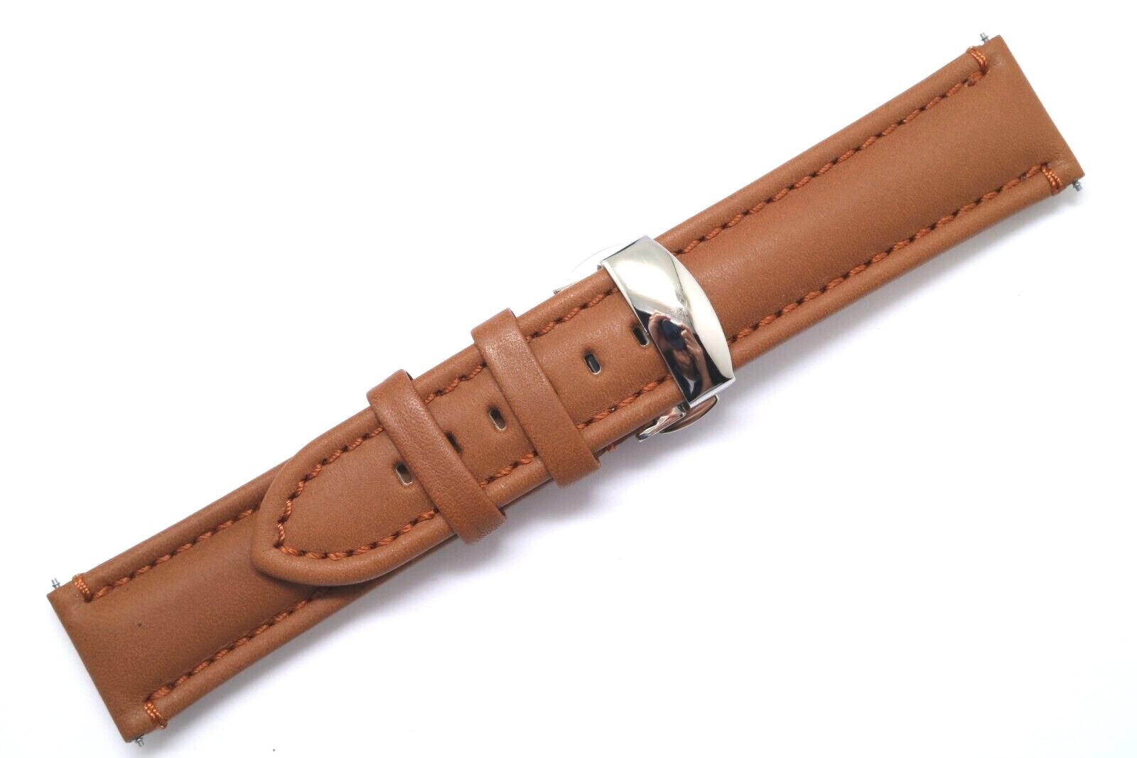 20 22 24mm Brown Genuine Leather Watch Strap Silver Push Button Deployant Clasp