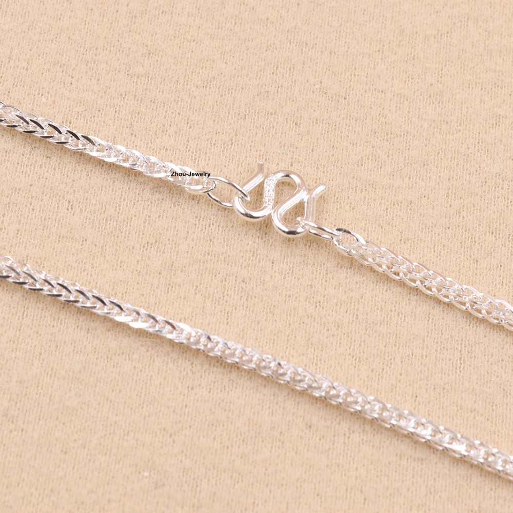 Real S999 Fine Silver Necklace 1.8mm Wheat Link Chain for Women 17.7inch