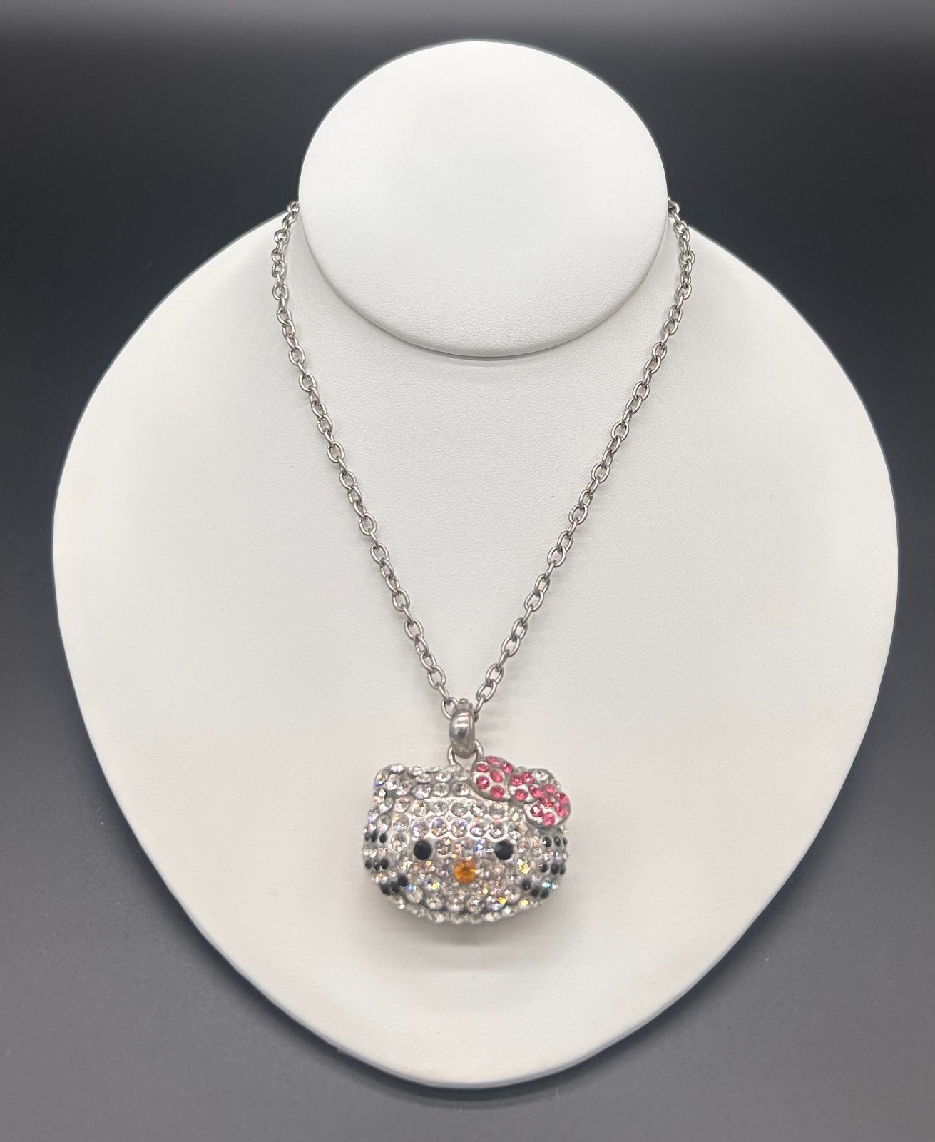 Kitty Cat Pendant Pink Clear Crystal Iced Out Bling Pave Necklace Silver Tone