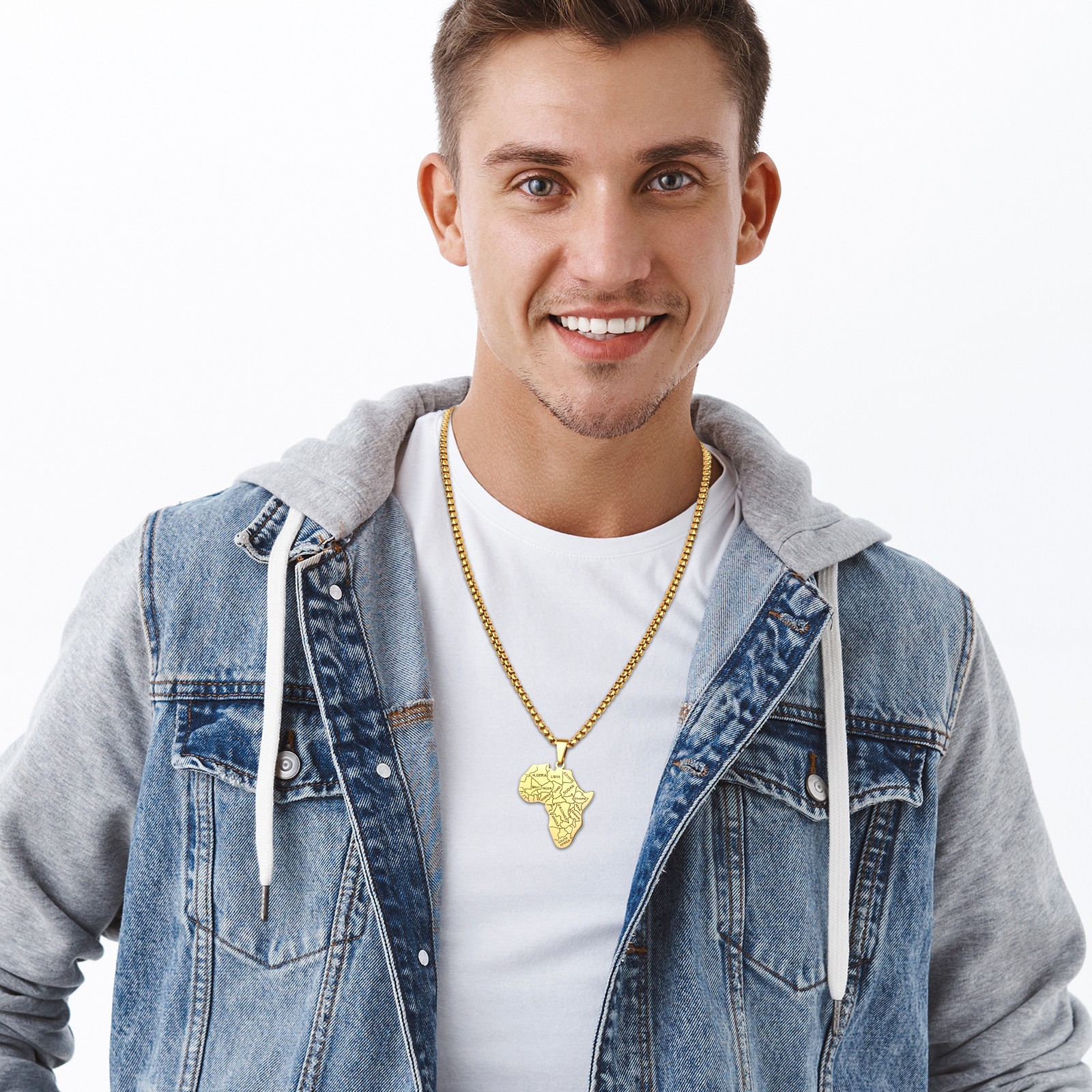 Men’s African Necklace Stainless Steel Africa Map Pendant Necklace 22 Inch Chain