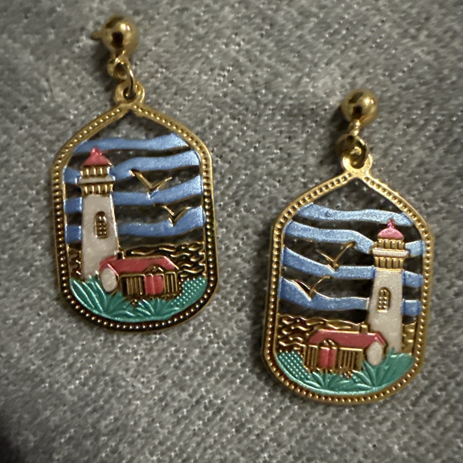 VTG Light shine Sea Gems Lighthouse Scene Earrings Dangle gold Plate Handpainted