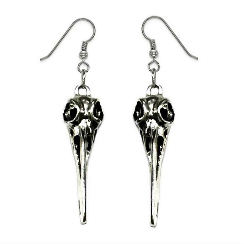 BIRD SKULL EARRINGS 2.15″ Raven Gothic Drop Dangle Stainless Steel Ear Wires NEW