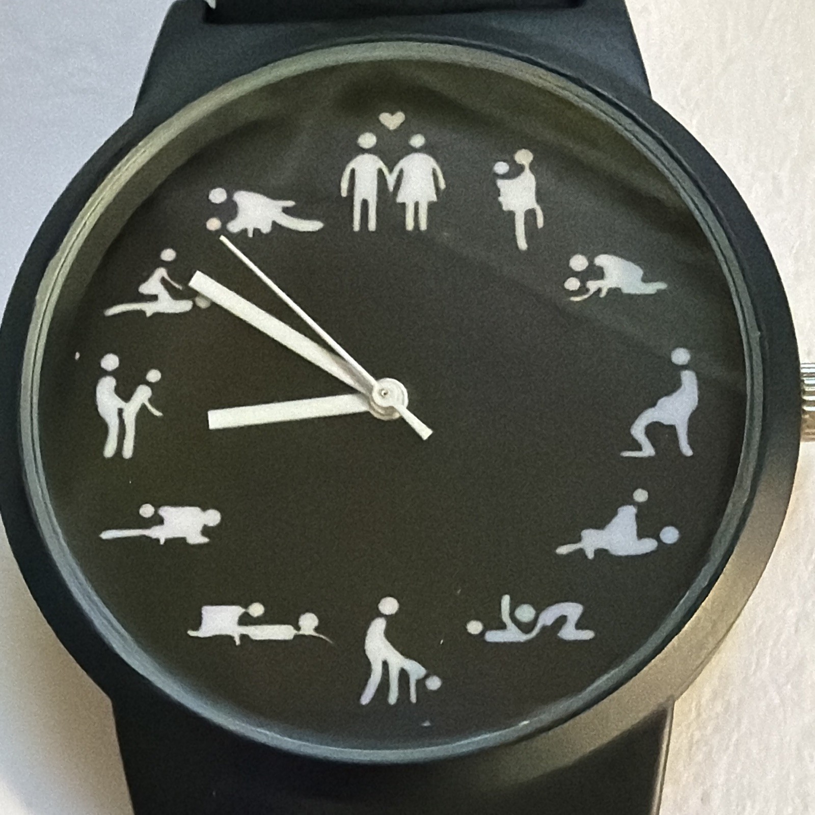 Black Analog Stick Figures Dial Watch 12-Hour Black Case Black Leather Strap