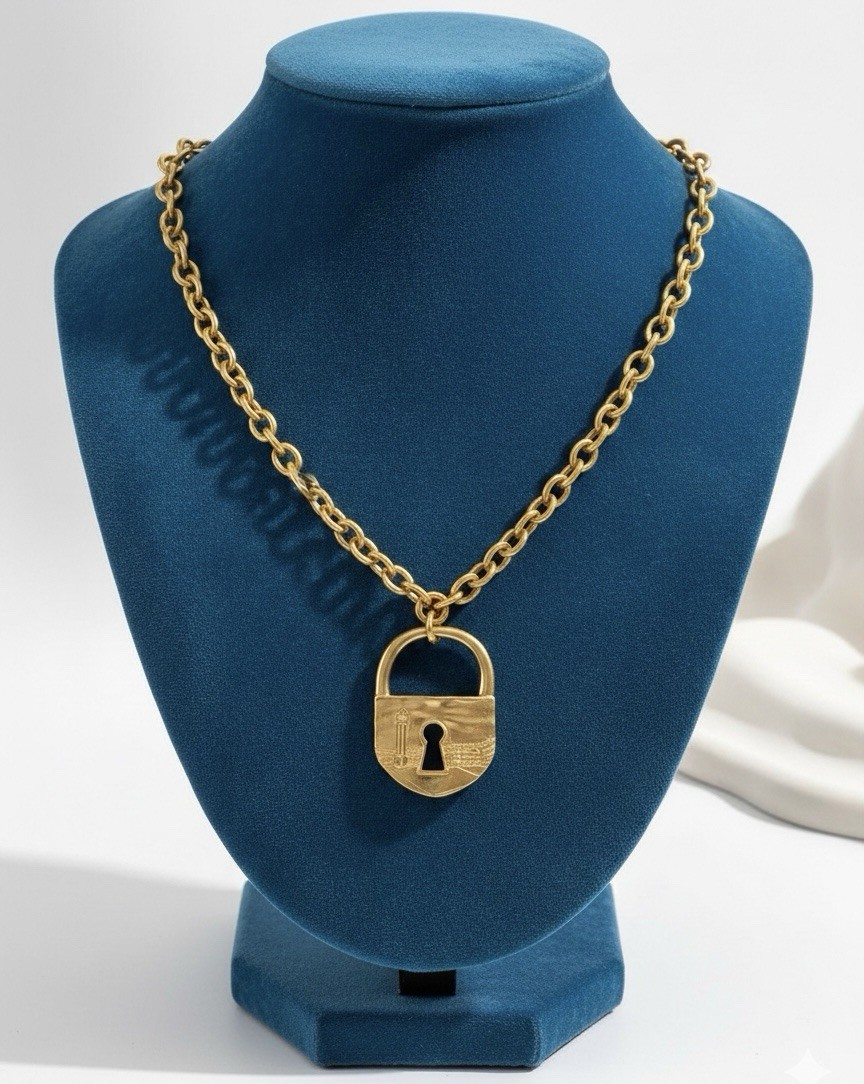 Gold Padlock Necklace Chunky Chain Statement Keyhole VTG Key Steampunk Y2K Boho