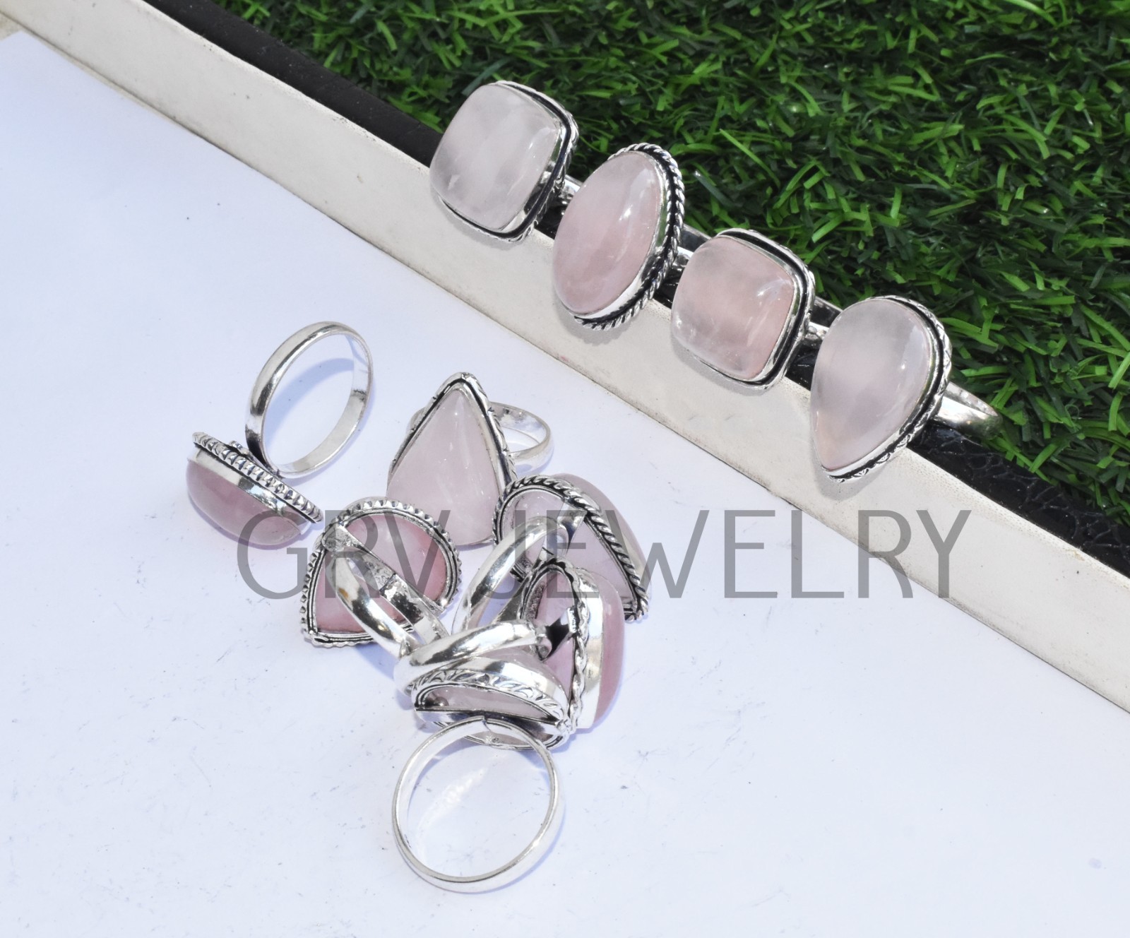 1-500 Pcs Natural Rose Quartz In Wholesale Rings Lot: Silver Plated Whr-10