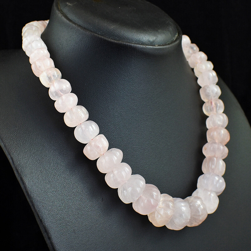 615 Cts Natural Pink Rose Quartz Flower Carved Beads Womens Necklace JK 28E344
