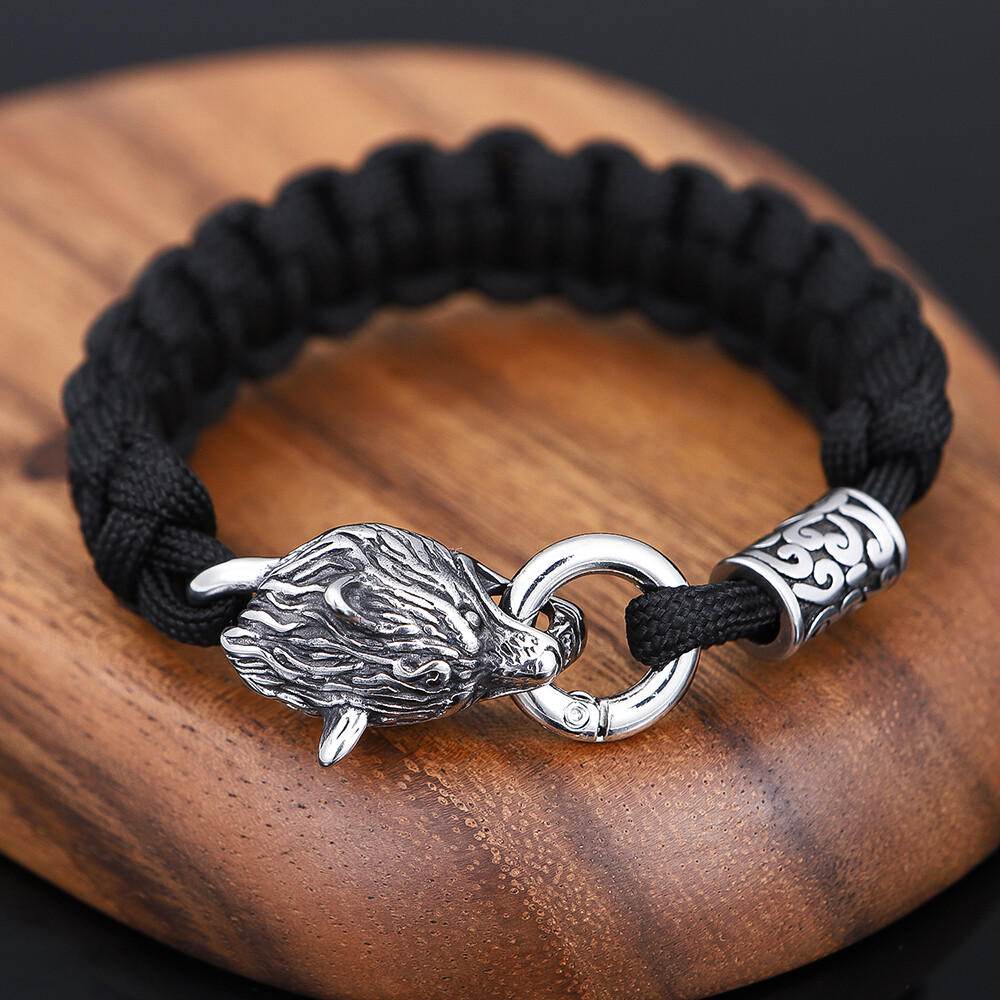 Men’s Stainless Ssteel Norse Viking Wolf Bracelets Black Parachute Rope Bracelet