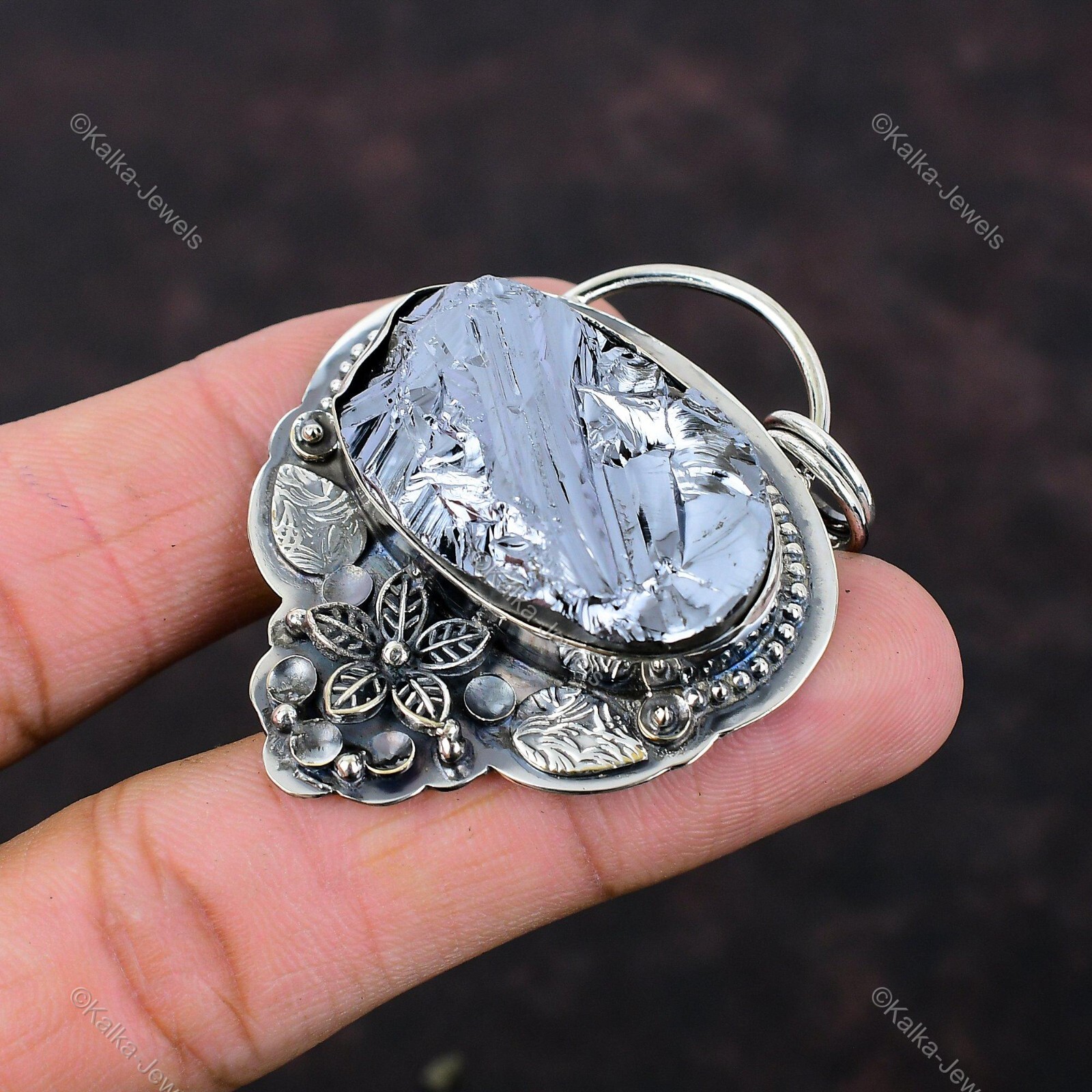 Shungite Rough Gemstone Pendant 925 Sterling Silver Flower Handmade Boho Jewelry