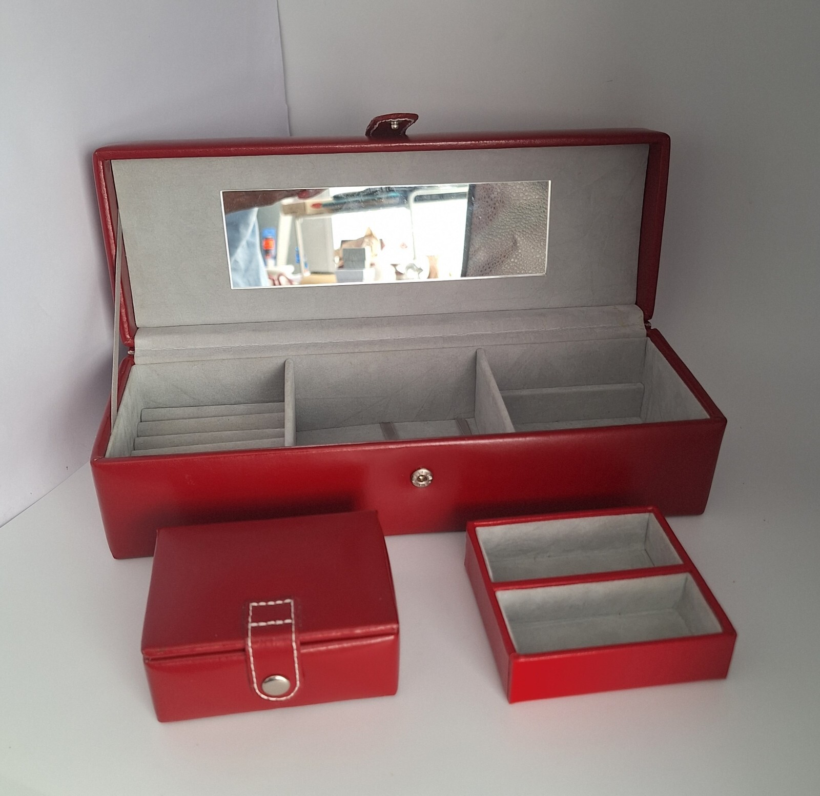 Red Faux Leather Jewelry Box 11″ 3 Piece Fabric Lined Travel Multi Compartment
