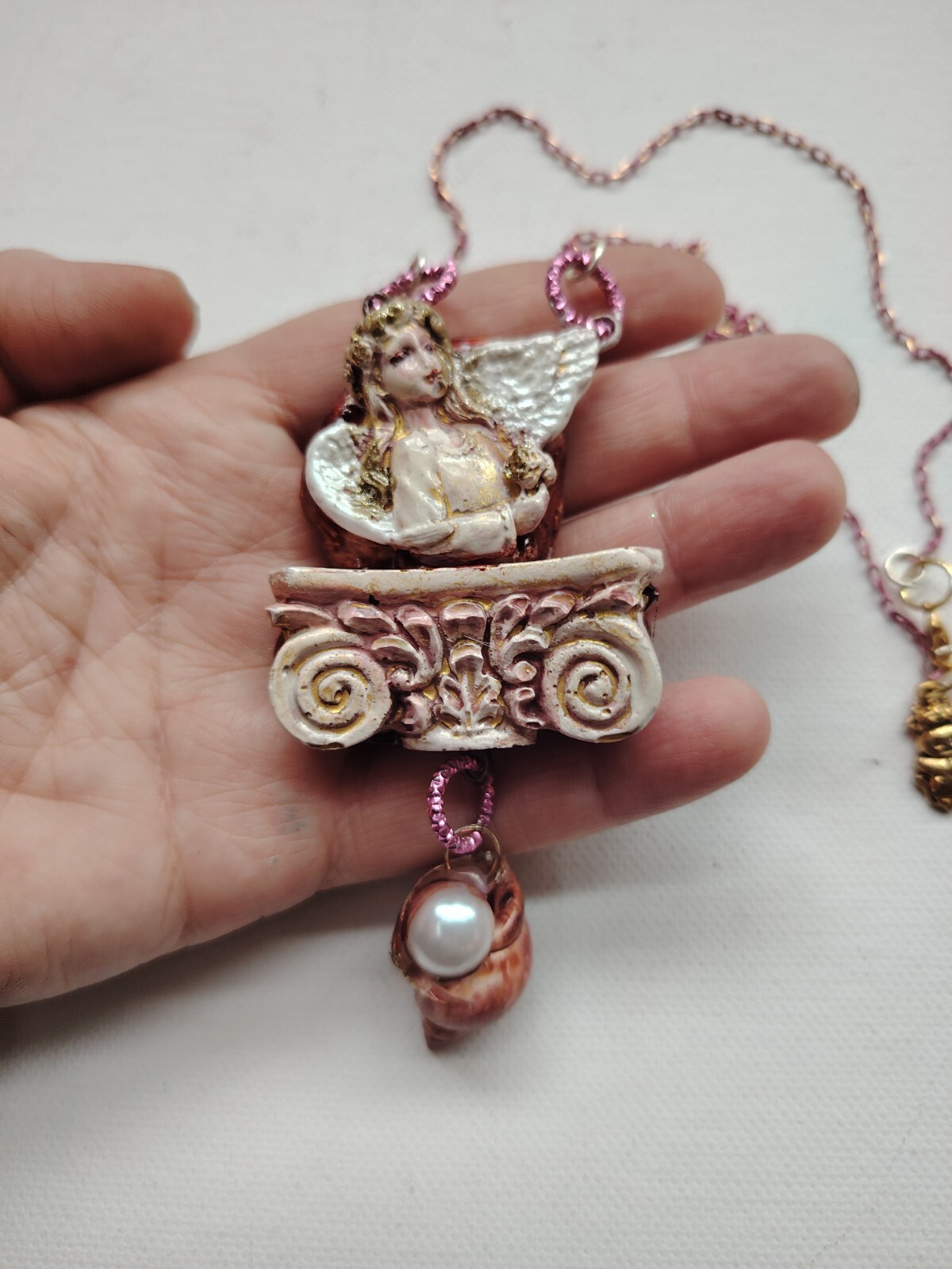 Necklace Winged Angel Cherub Talisman Baroque Pendant Amulet Shell Jewelry Charm