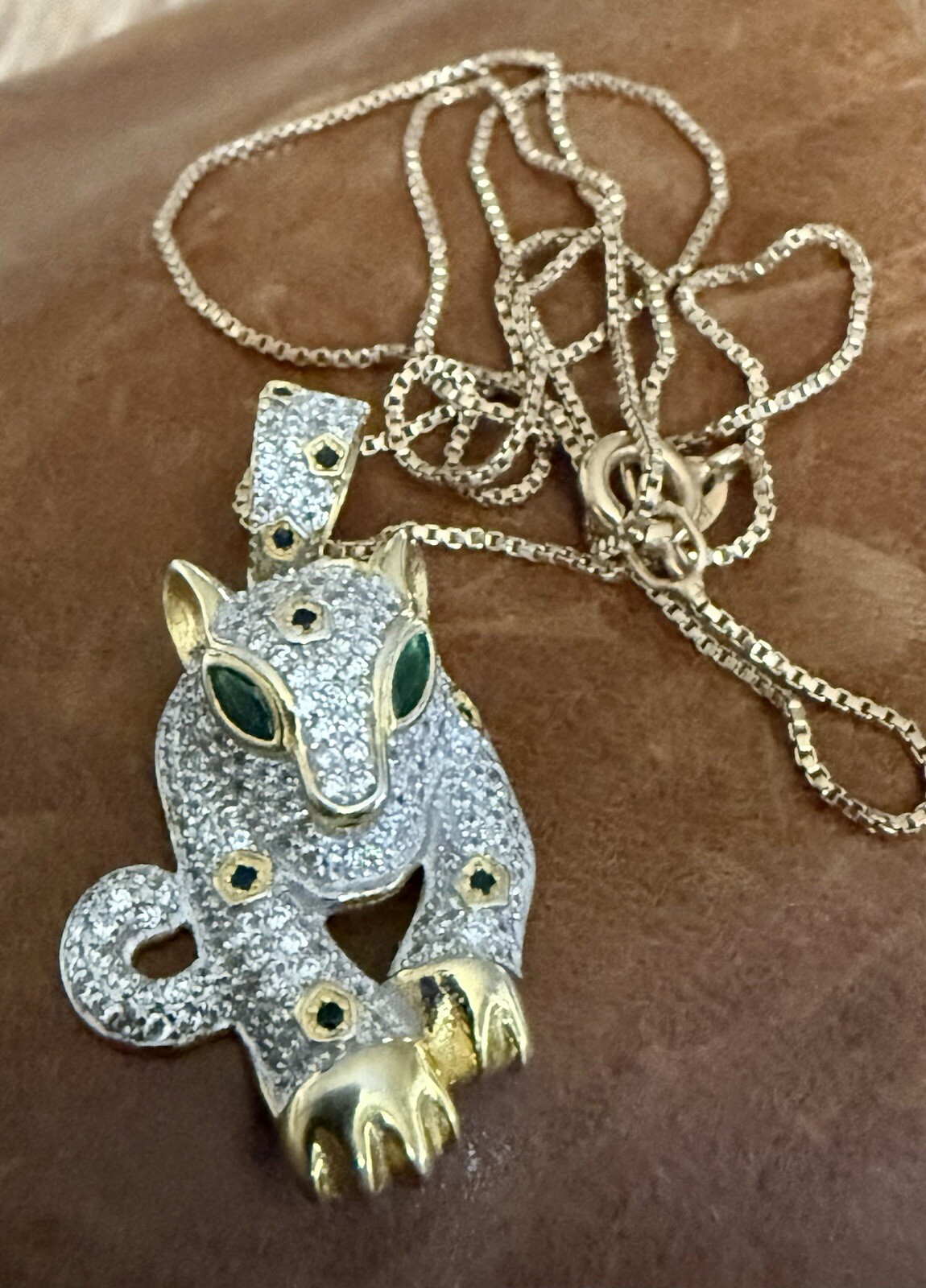 Cute Fuzion Creations Emerald Eyes Jaguar Pendant Gold Vermeil 925 Necklace 18″