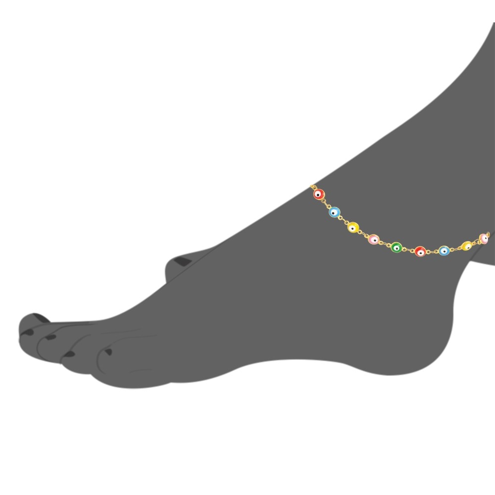 18k Gold Plated Multi-Colored Yellow Blue Red Green Pink Evil Eye Anklet, 9″+ 2″