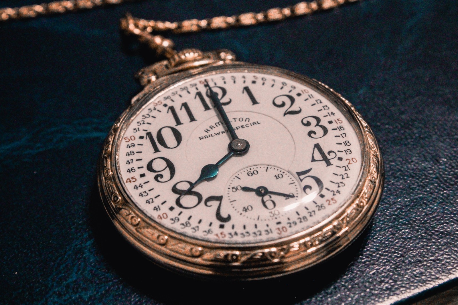 1955 Hamilton 992B 21J Gold Filled 16s Railroad Pocket Watch, Chain and Display