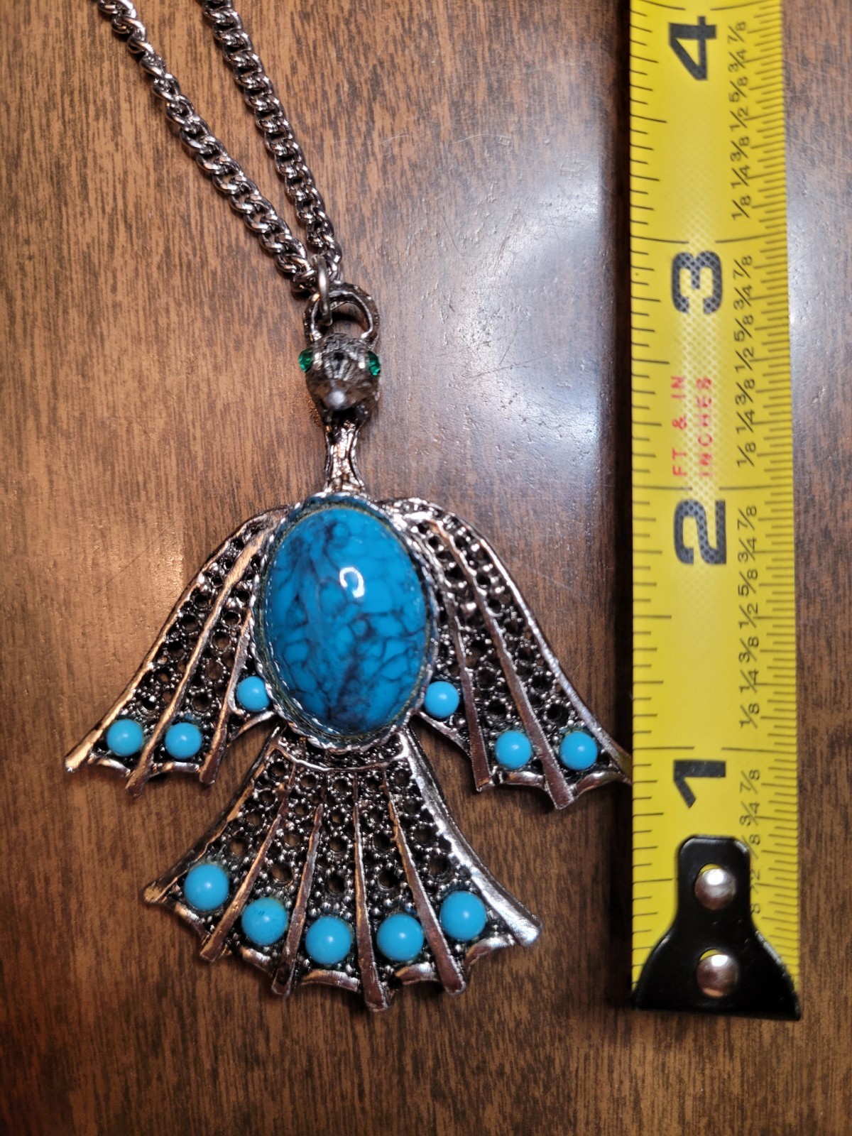 Vintage Egyptian Revival Horus Falcon Pendant Necklace Turquoise Look Cabochon