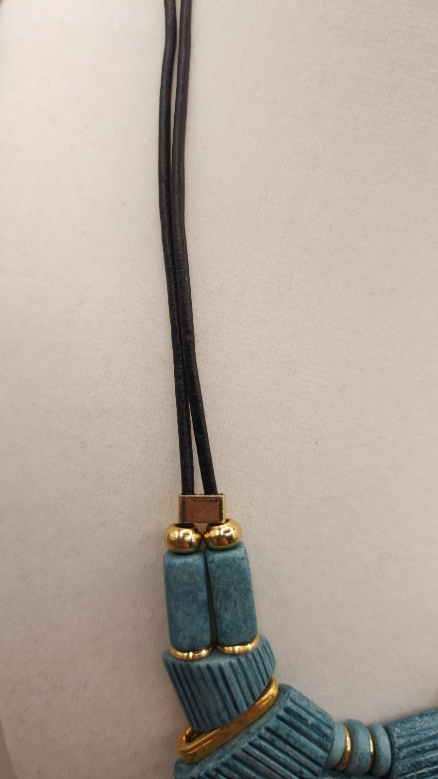 Vintage Modernist Teal Blue Bib Necklace 1980s Geometric Resin Brass Hook Clasp