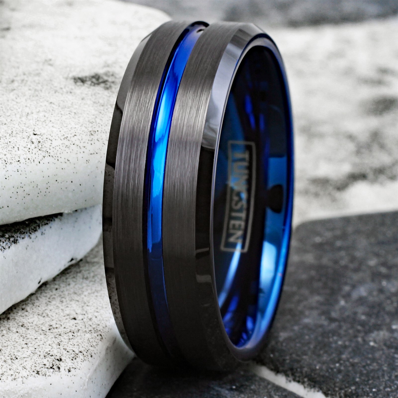 6/8mm Tungsten Carbide Men’s Ring Thin Blue Line Black Brushed Wedding Band
