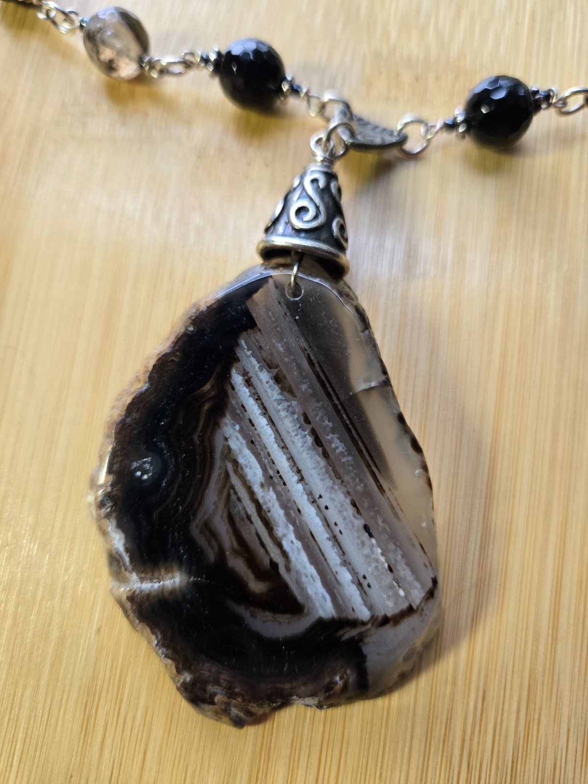 Banded Brown and White Agate Pendant Necklace 26″