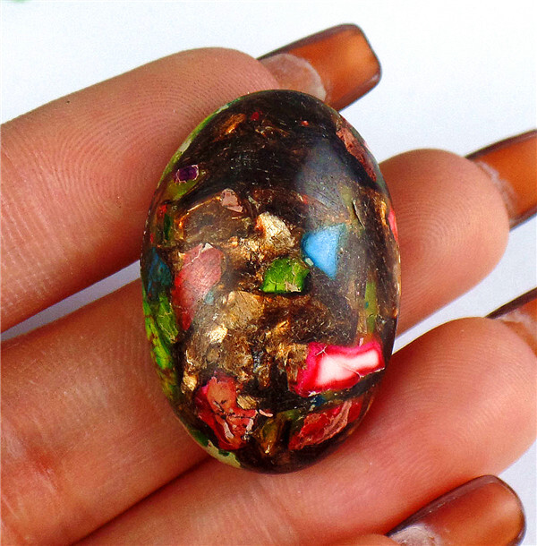 30x21x9mm Multicolor Gold Sea Sediment Jasper & Pyrite Oval Cab Cabochon AD67699