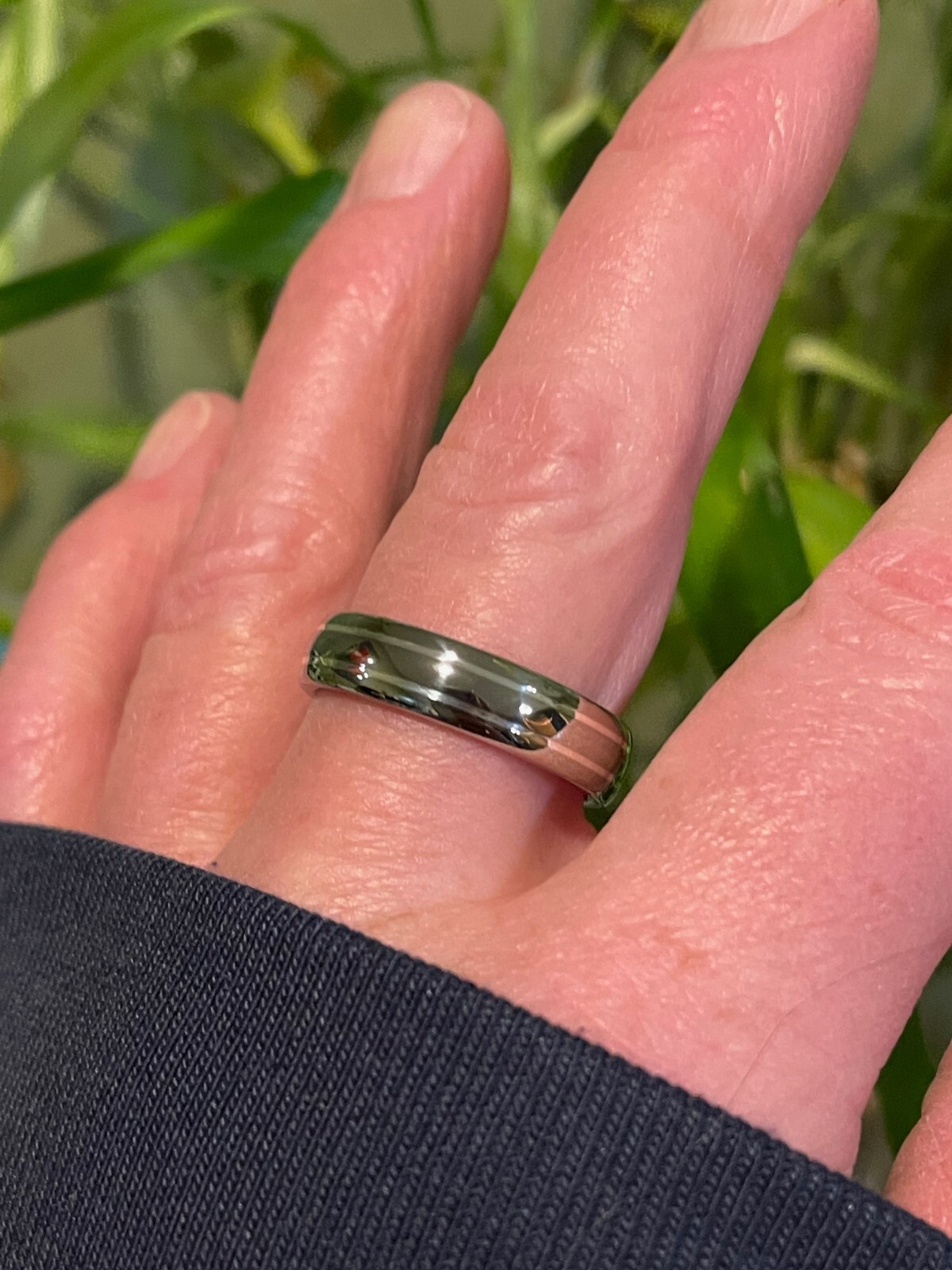 Comfort Fit Titanium Silver Pinstripes Ring, Wedding Band, Polished